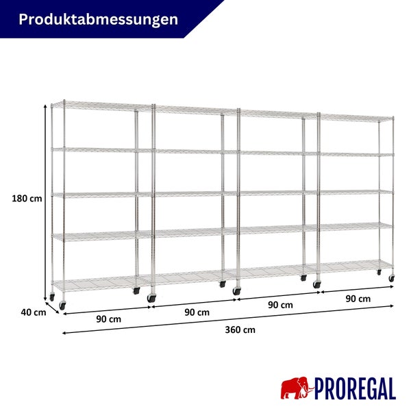 Drahtregal auf Rollen aus verchromtem Stahl, Maße: Höhe 180 Zentimeter, Breite 360 Zentimeter, Tiefe 40 Zentimeter. PROREGAL Logo