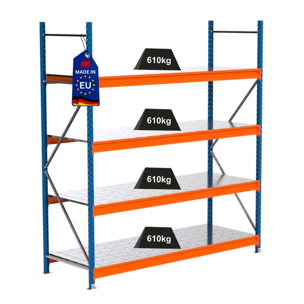 Belastbares Lagerregal mit vier Ebenen und einer maximalen Traglast von 610 Kilogramm pro Ebene. Hergestellt in der Europäischen Union.
