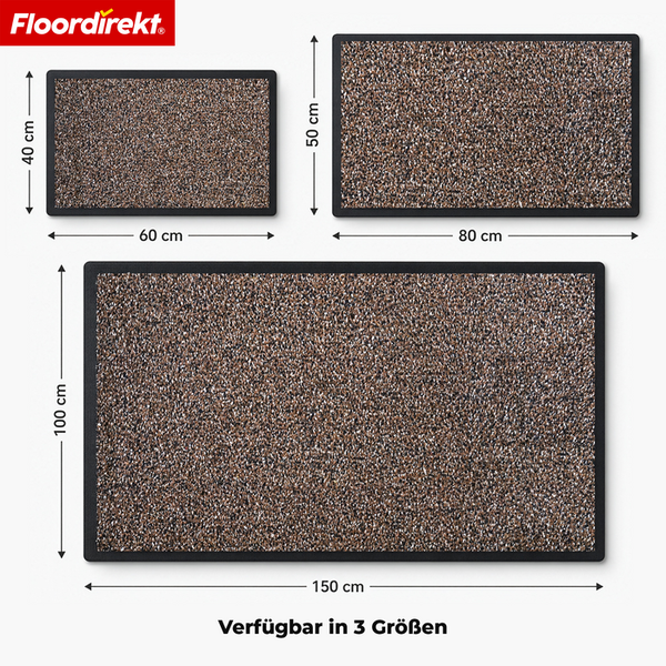 Floordirekt Logo. Drei Schmutzfangmatten in den Größen 40 mal 60 Zentimeter, 50 mal 80 Zentimeter und 100 mal 150 Zentimeter.