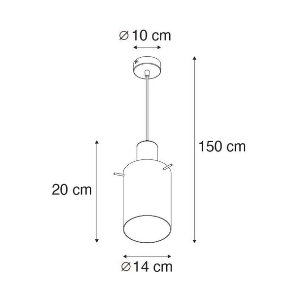 Technische Zeichnung einer Pendelleuchte mit den Maßen: Durchmesser oben 10 cm, Durchmesser unten 14 cm, Höhe Lampenschirm 20 cm, Gesamthöhe 150 cm