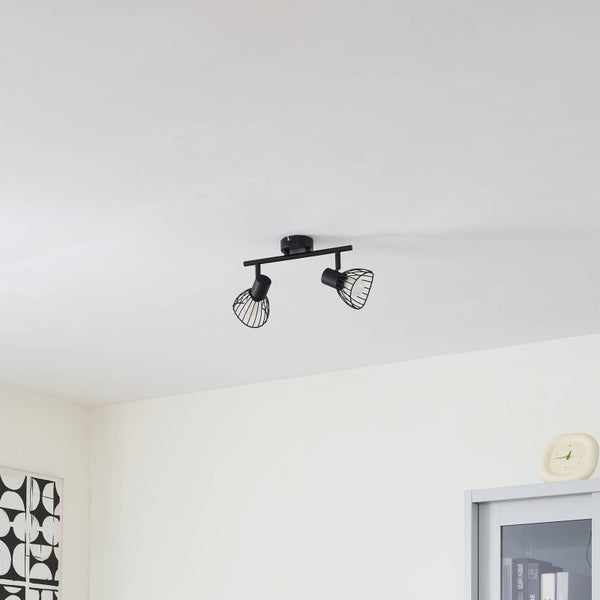 Schwarze Deckenleuchte mit zwei Strahlern im Industriedesign