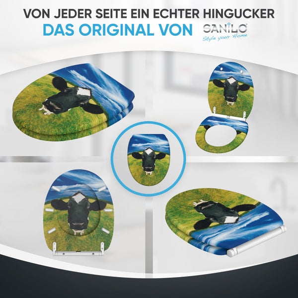Sanilo WC-Sitz mit Kuh-Motiv aus verschiedenen Perspektiven, zeigt den Toilettendeckel geschlossen und geöffnet. Sanilo Logo.
