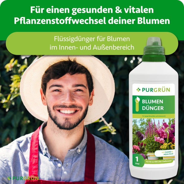 Purgrün Flüssigdünger für Blumen im Innen- und Außenbereich, 1 Liter Flasche mit einem lächelnden Gärtner im Hintergrund.