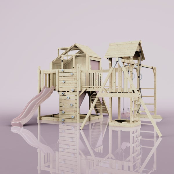 Spielturm mit Rutsche, Schaukel und Kletterwand aus Holz