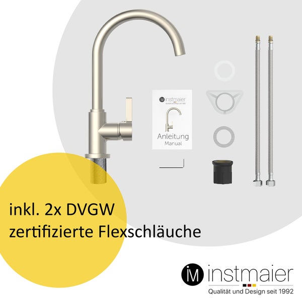 instmaier Küchenarmatur K3 | 360° schwenkbar | Wasserhahn Küche | Spültischarmatur Edelstahlfarben | Hoher Auslauf | mit Zentralverschraubung