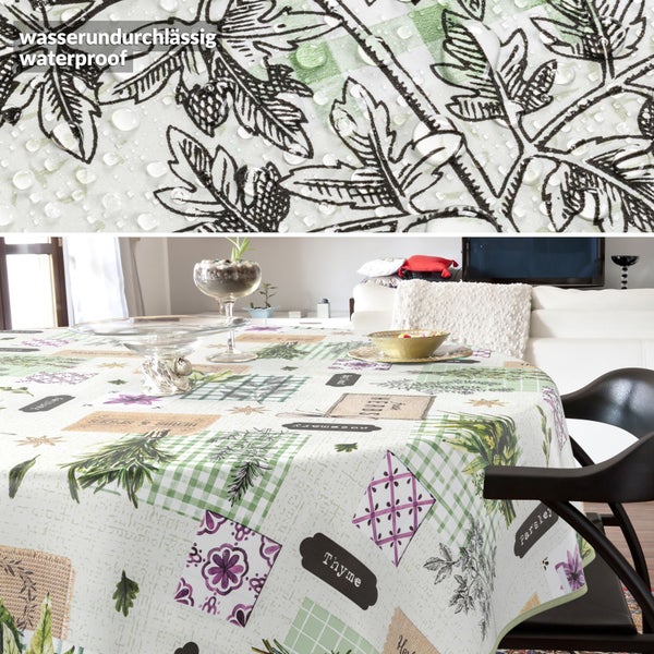Wasserdichte Tischdecke mit Kräutermuster auf einem Esstisch