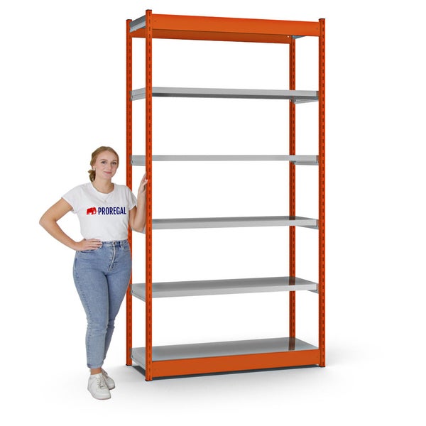 PROREGAL Fachbodenregal Stecksystem Vierkant-Profil Grundregal HxBxT 250 x 132,5 x 40 cm 6 Ebenen Einseitige Bauart Fachlast 200 kg Orange