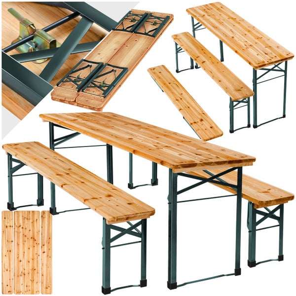 Festzeltgarnitur mit einem Tisch und zwei Bänken mit Klappfunktion