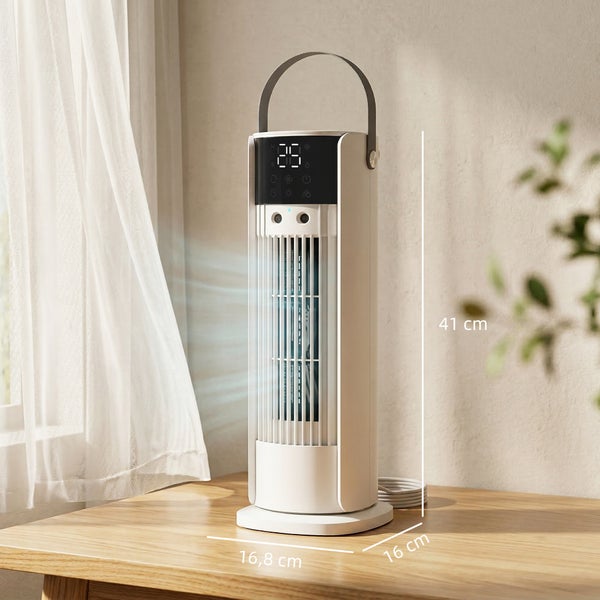 Turmventilator mit Display auf Holztisch in hellem Raum, Höhe 41 Zentimeter, Breite 16,8 Zentimeter, Tiefe 16 Zentimeter.