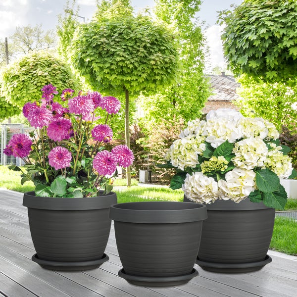 Scheurich 3er Set Blumentöpfe Country Star 40 mit Untersetzern, rund,  aus Kunststoff Farbe: Metallic Grey, 39 cm Durchmesser, 30 cm hoch, 21,5 l Vol.