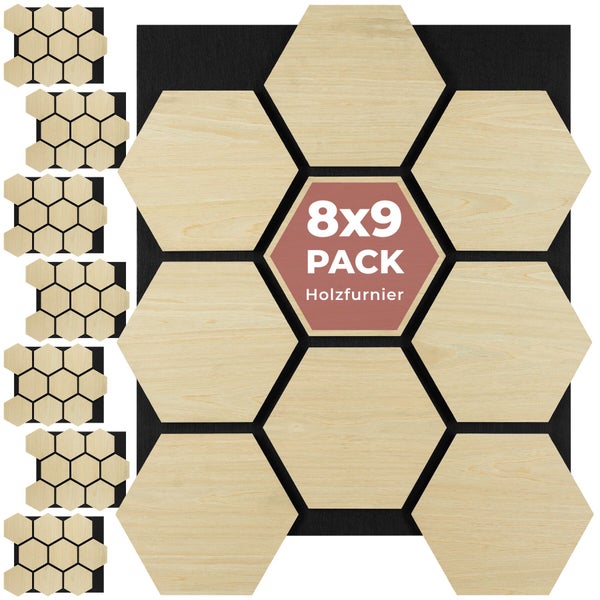 Sechseckige Wandpaneele aus Holzfurnier, Set aus 8 Packungen mit jeweils 9 Elementen auf schwarzem Trägermaterial.