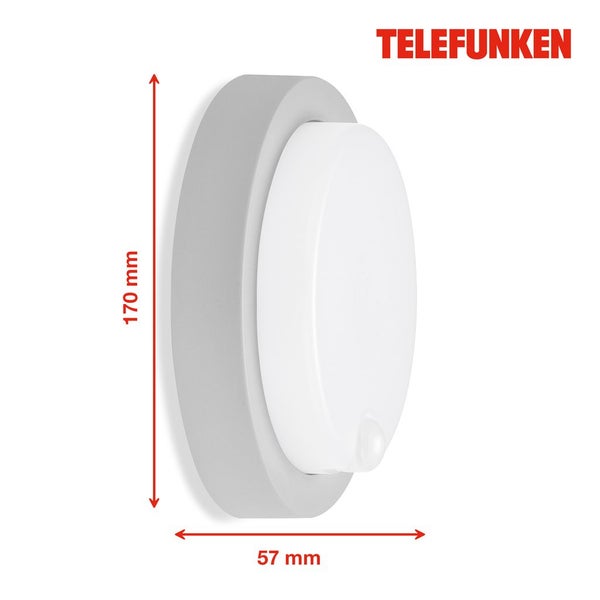 Telefunken Logo, runde LED-Wand- und Deckenleuchte in Grau und Weiß mit Bewegungsmelder, 170 Millimeter Durchmesser, 57 Millimeter Tiefe.