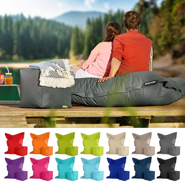Green Bean 2er Set XXL Sitzsack inkl. Pouf fertig befüllt mit EPS-Perlen - Riesensitzsack 140x180 Lounge Sitz-Kissen Bean-Bag Chair  - Grau