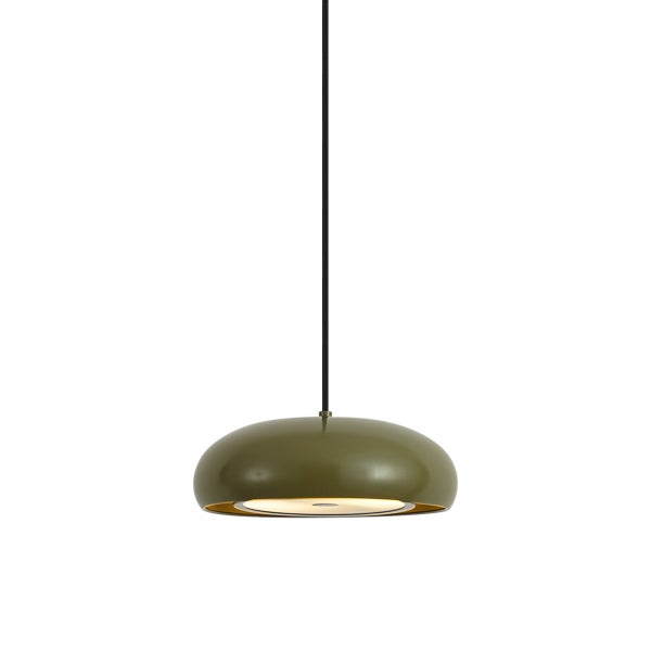 Moderne, olivgrüne Pendelleuchte mit flachem, rundem Metallschirm und warmem Licht.