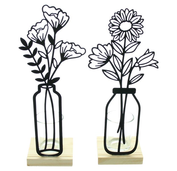 FRANK FLECHTWAREN | Teelichthalter Metallblumen, 2er Set, METALL, HOLZ, GLAS, 7 x 10,5 x 27,5 cm
