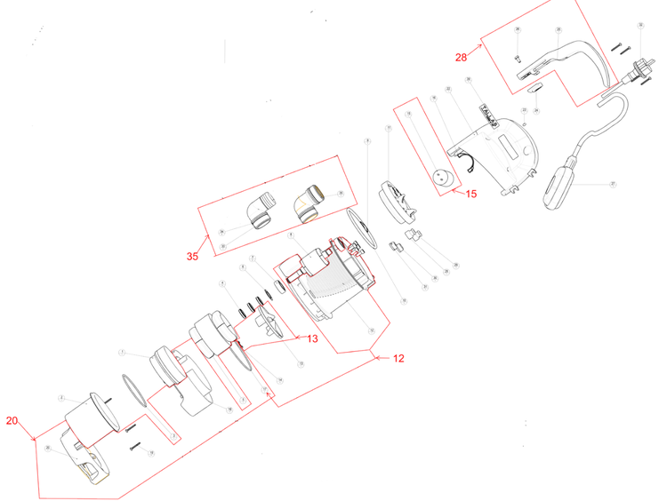 Explosionszeichnung eines Staubsaugers mit seinen Einzelteilen