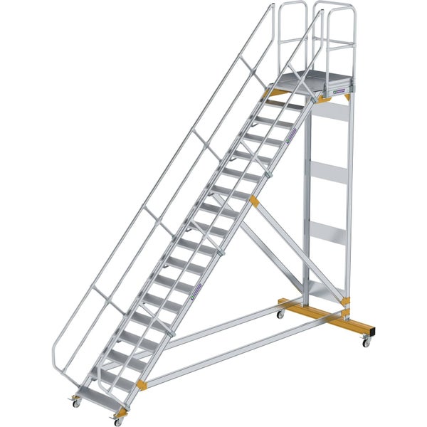 Mobile Podesttreppe aus Aluminium mit Handlauf, Sicherheitsgeländer und Rollen.