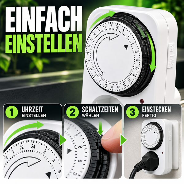Mechanische Zeitschaltuhr mit Anleitung zur Einstellung der Uhrzeit und der Schaltzeiten sowie zur Verwendung in der Steckdose.