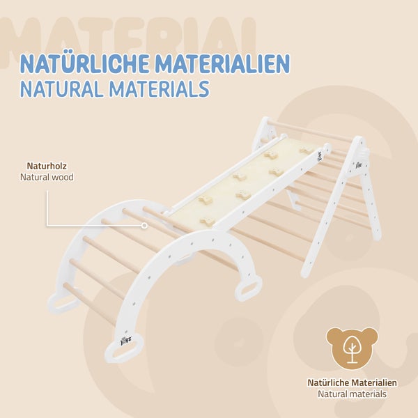 Klettergerüst für Kinder aus Naturholz mit Kletterdreieck, Kletterbogen und Rutsche, Hinweis auf natürliche Materialien, Joyz Logo.