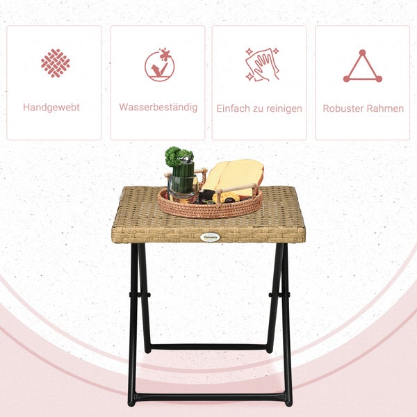 Outsunny Beistelltisch aus Polyrattan klappbar Kaffeetisch Couchtisch Tablett Balkontisch Gartentisch Sofatisch Teetisch Gartenmöbel Rattantisch für Garten Terrasse Balkon, 40x40x40cm Naturholz