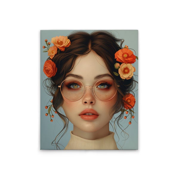 Porträt einer Frau mit Blumen und Brille als Wandbild