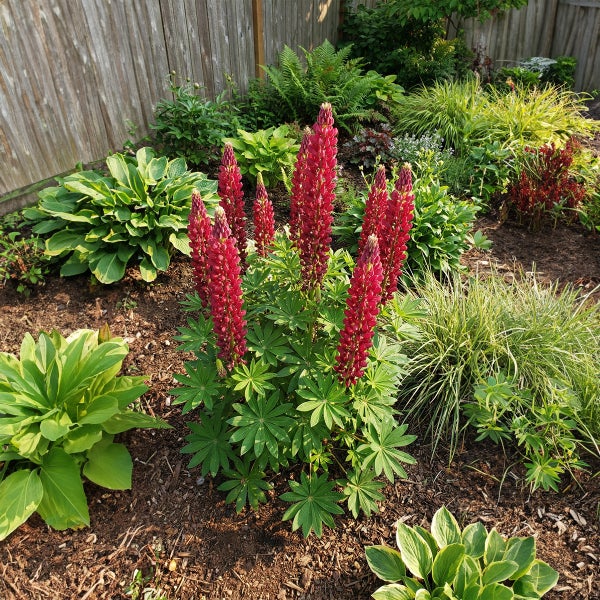 Gartenbeet mit Lupinen, Funkien und Gräsern vor einem Holzzaun.