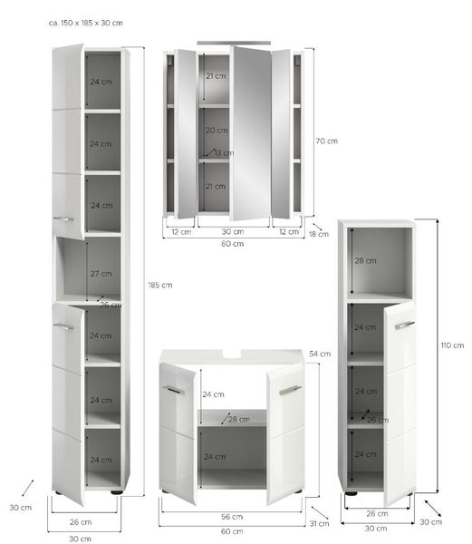 Badmöbel-Set in Weiß mit Maßangaben für Hochschrank, Spiegelschrank, Waschbeckenunterschrank und Midischrank in Zentimeter.