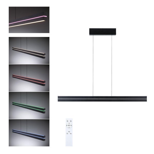 LED-Pendelleuchte mit RGB-Farbwechselfunktion und Fernbedienung, in Schwarz, modernes Design mit zwei Leuchtstreifen.