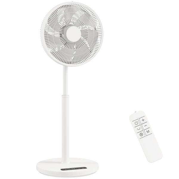 Weißer Standventilator aus Kunststoff mit rundem Standfuß, Teleskopstange und Fernbedienung.