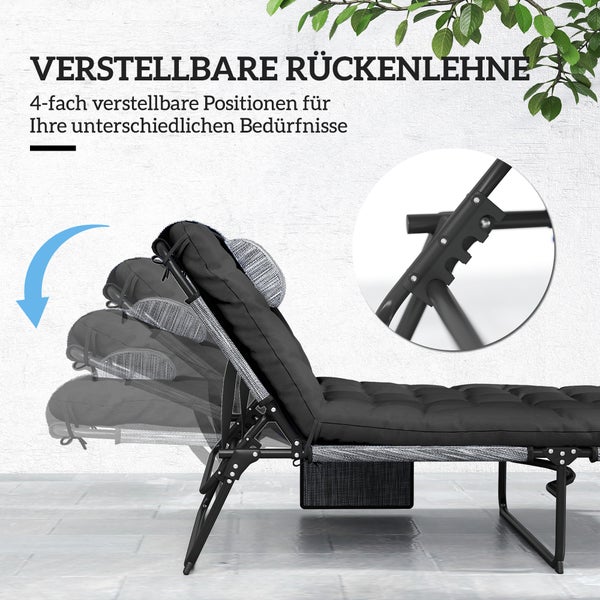 Gartenliege mit vierfach verstellbarer Rückenlehne und Polsterung, Klappfunktion mit Detailansicht der Einraststufen.