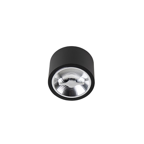 Schwarzer zylindrischer LED Aufbaustrahler mit silbernem Reflektor.