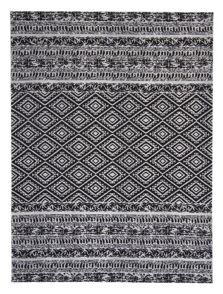 Rechteckiger Teppich mit geometrischem Rautenmuster und verzierten Bordüren im Ethno-Stil.