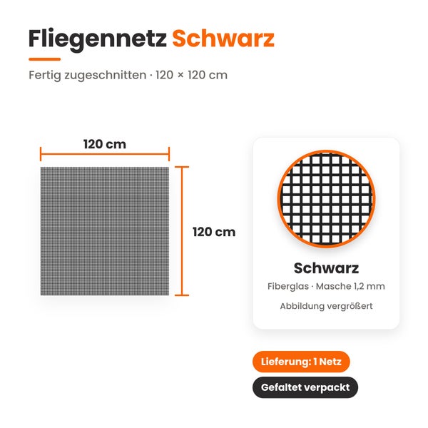 Fliegennetz aus Fiberglas, vorgeschnitten in 120 mal 120 Zentimeter mit 1,2 Millimeter Maschenweite für Fenster und Türen.