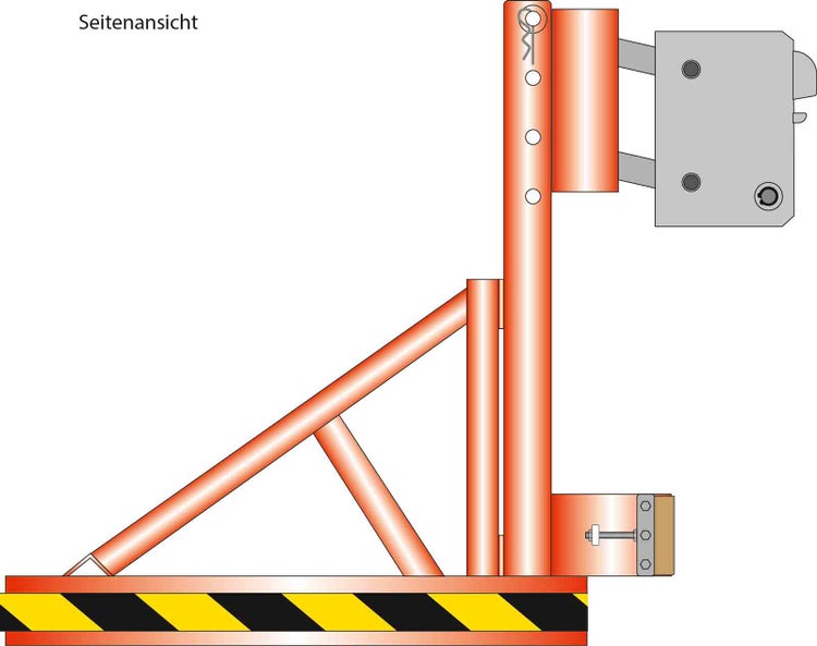 Seitenansicht einer Metallkonstruktion zur Lastaufnahme mit gelb-schwarzer Sicherheitsmarkierung und verstellbarem vertikalem Rohrprofil.