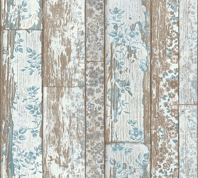 Tapete mit Holzplanken- und Blumenmuster