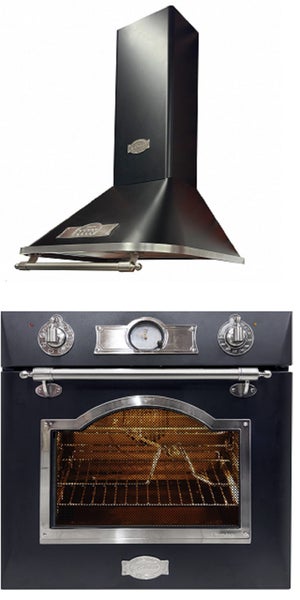 Einbau Backofen mit rustikaler Dunstabzugshaube im Set, Metall, Vintage Design mit analogen Bedienelementen und Sichtfenster.
