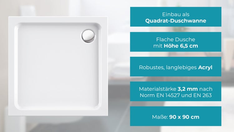 Calmwaters® - Modern Soft - Eckige Acryl-Duschtasse in 90 x 90 x 6,5 cm aus Kunststoff mit 90 mm breitem Abfluss - 01SL2962