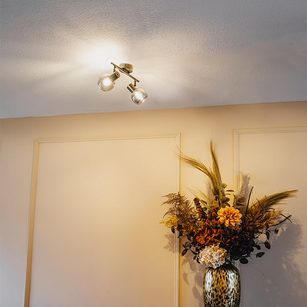 Deckenleuchte mit zwei Strahlern und Glühbirnen im Interieur.