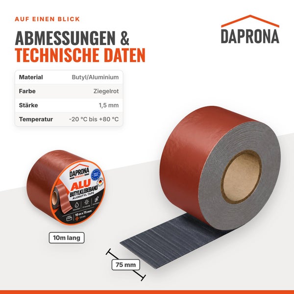 Daprona Butyl Aluband Rolle 10 Meter lang 75 Millimeter breit aus Butyl und Aluminium für Abdichtungen im Außenbereich mit technischen Daten