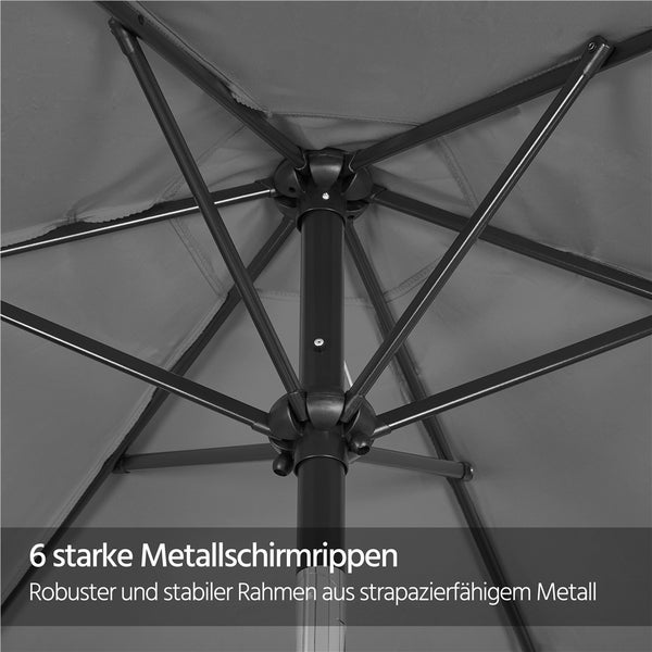 Unteransicht eines Sonnenschirms mit sechs Metallstreben und robustem Metallrahmen