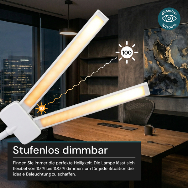 Stufenlos dimmbare LED-Schreibtischleuchte von 10 bis 100 Prozent Helligkeit in einem modernen Büro auf einem Holztisch.