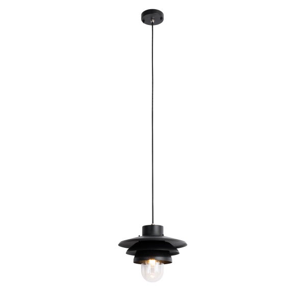Schwarze Pendelleuchte aus Metall mit mehrlagigem Schirm und sichtbarem Leuchtmittel.