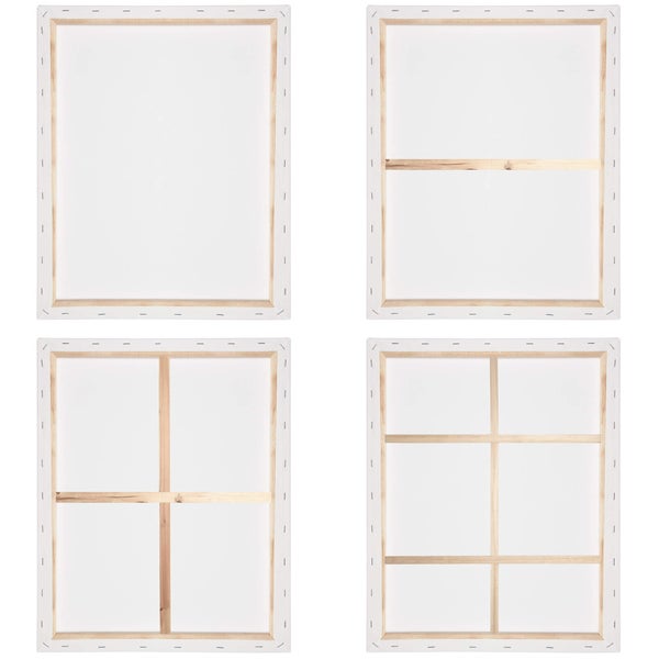 Vier Keilrahmen mit unterschiedlicher Holzleistenanordnung auf der Rückseite