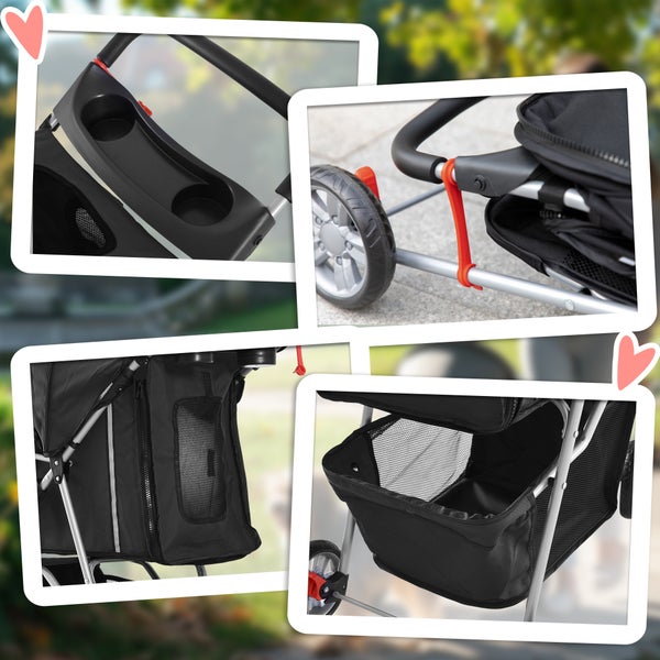 Detailansicht eines Tierwagens mit Getränkehalter und Staufächern