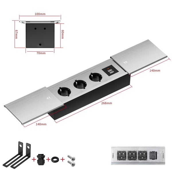 Versenkbare Steckdosenleiste mit drei Steckdosen und USB Anschlüssen inklusive Maßangaben und Montagematerial.