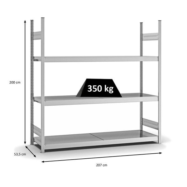 PROREGAL Weitspannregal Stecksystem T-Profil Grundregal HxBxT 200x200x50 cm 3 Ebenen Stahlplatten Fachboden Fachlast 350 kg Verzinkt