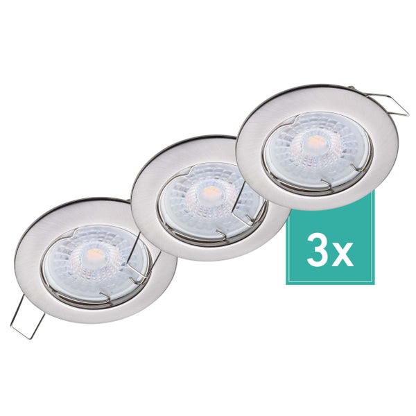 Oktaplex Lighting 3er Set LED Spot Sedan - 3 Stufen dimmbar - 4,8W 3000K 230V 380lm Warmweiß 120° - Deckenspot Edelstahl gebürstet Lochmaß 60mm