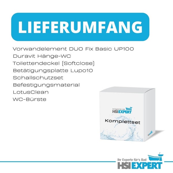 Lieferumfang mit Vorwandelement, Wand-Tiefspüler, WC-Sitz mit Absenkautomatik, Betätigungsplatte, Schallschutzset, Befestigungsmaterial, LotusClean und WC-Bürste sowie HSI Expert Logo