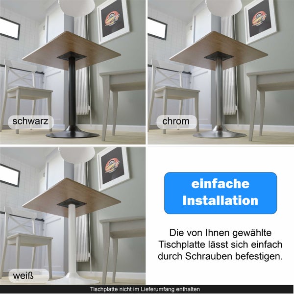 Tischgestell mit quadratischer Halterung für Tischplatten in den Ausführungen schwarz, chrom und weiß inklusive Montagehinweis.