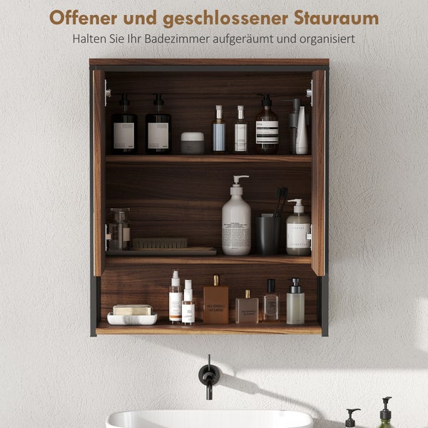Spiegelschrank aus dunklem Holz mit schwarzem Metallrahmen, zwei geöffnete Türen mit Spiegeln, befüllt mit Badutensilien über einem Waschbecken.